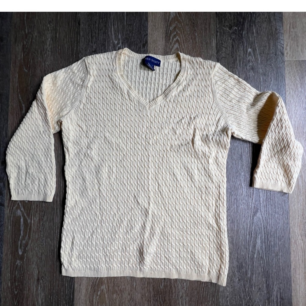 Karen Scott Sweater Women Small Cream Cable Knit‎ V-Neck 3/4 Sleeve Cotton 2316